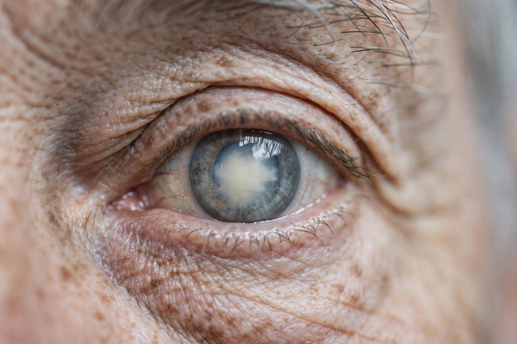 Close-up of an eye with a cloudy cataract lens