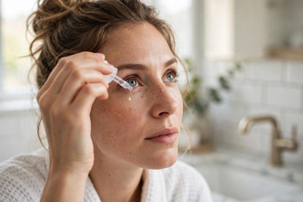 Woman applying lubricating eye drops for dry eye relief