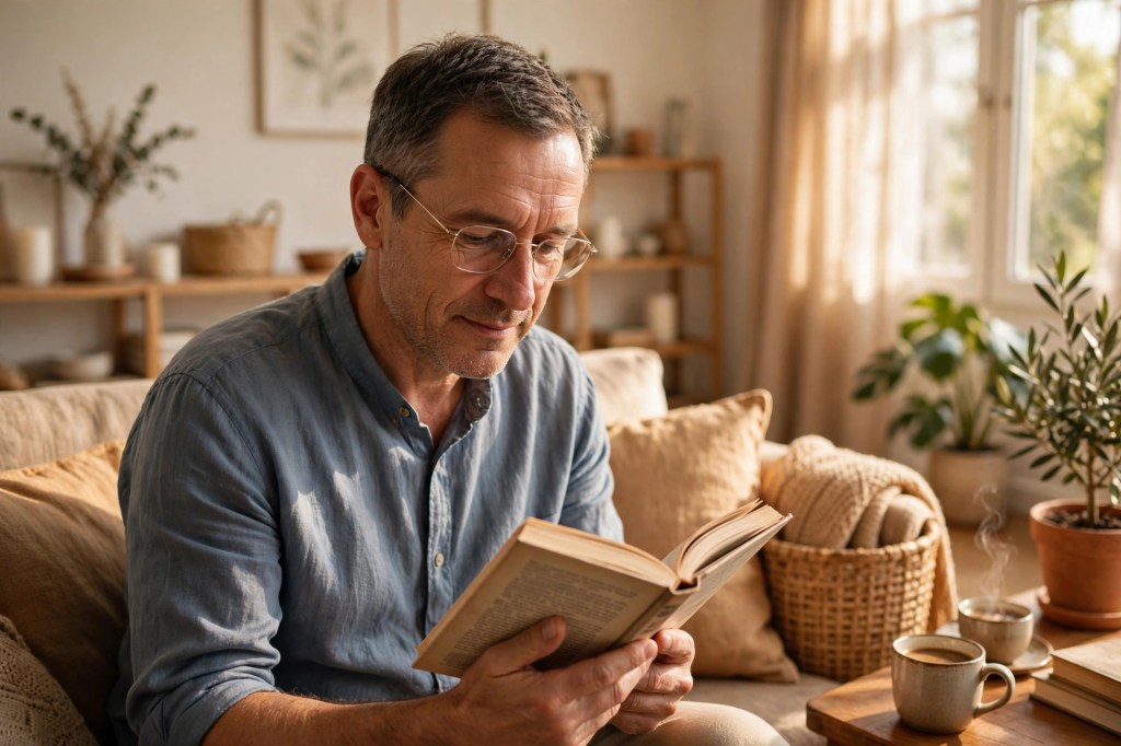 Middle-aged man reading with reading glasses