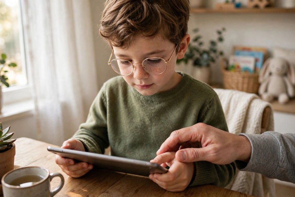 Child wearing glasses using a tablet with parental guidance