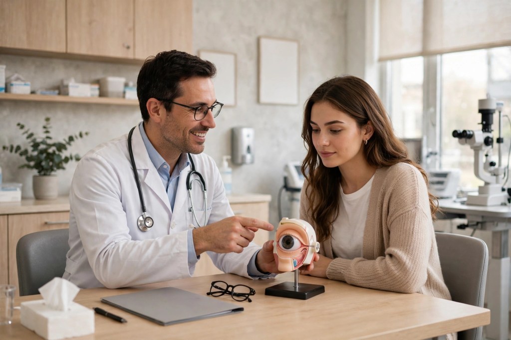 Eye doctor consulting a patient about laser vision correction